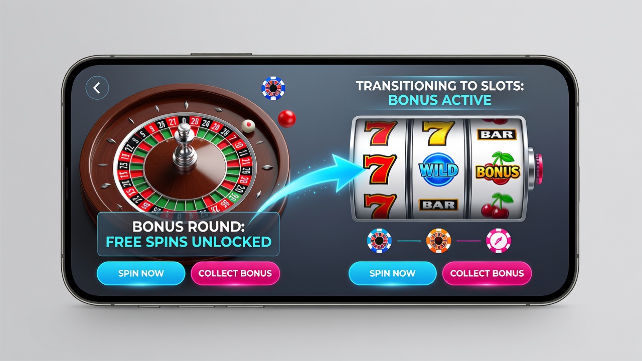 Detailansicht einer mobilen Casino-App mit Übergangsanimation zwischen Roulette und Slot-Bonus