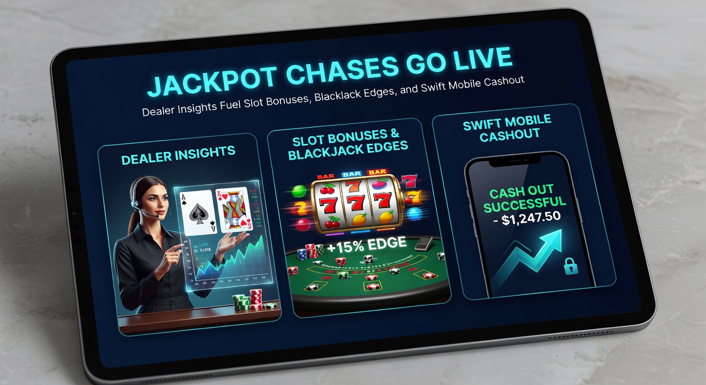 Live-Dealer-Tisch mit Blackjack-Karten, Slot-Jackpot-Anzeige und mobiles Auszahlungs-Symbol, das Geschwindigkeit vermittelt