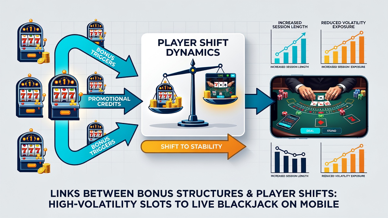 Grafische Übersicht zu Spielerübergängen zwischen Slots und Live-Blackjack mit Fokus auf Bonusbedingungen auf mobilen Geräten