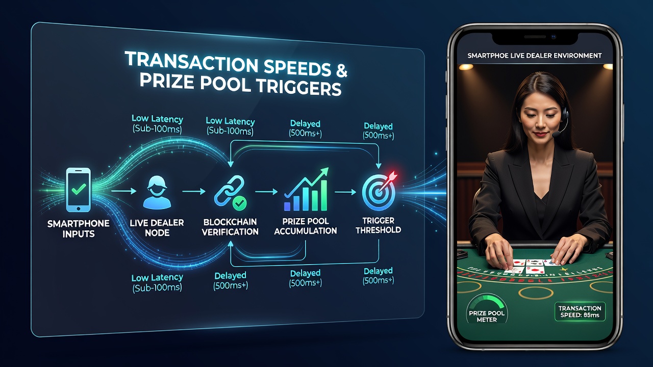 Live-Dealer-Session auf Smartphone mit Preispool-Anzeige und Transaktionsbestätigung
